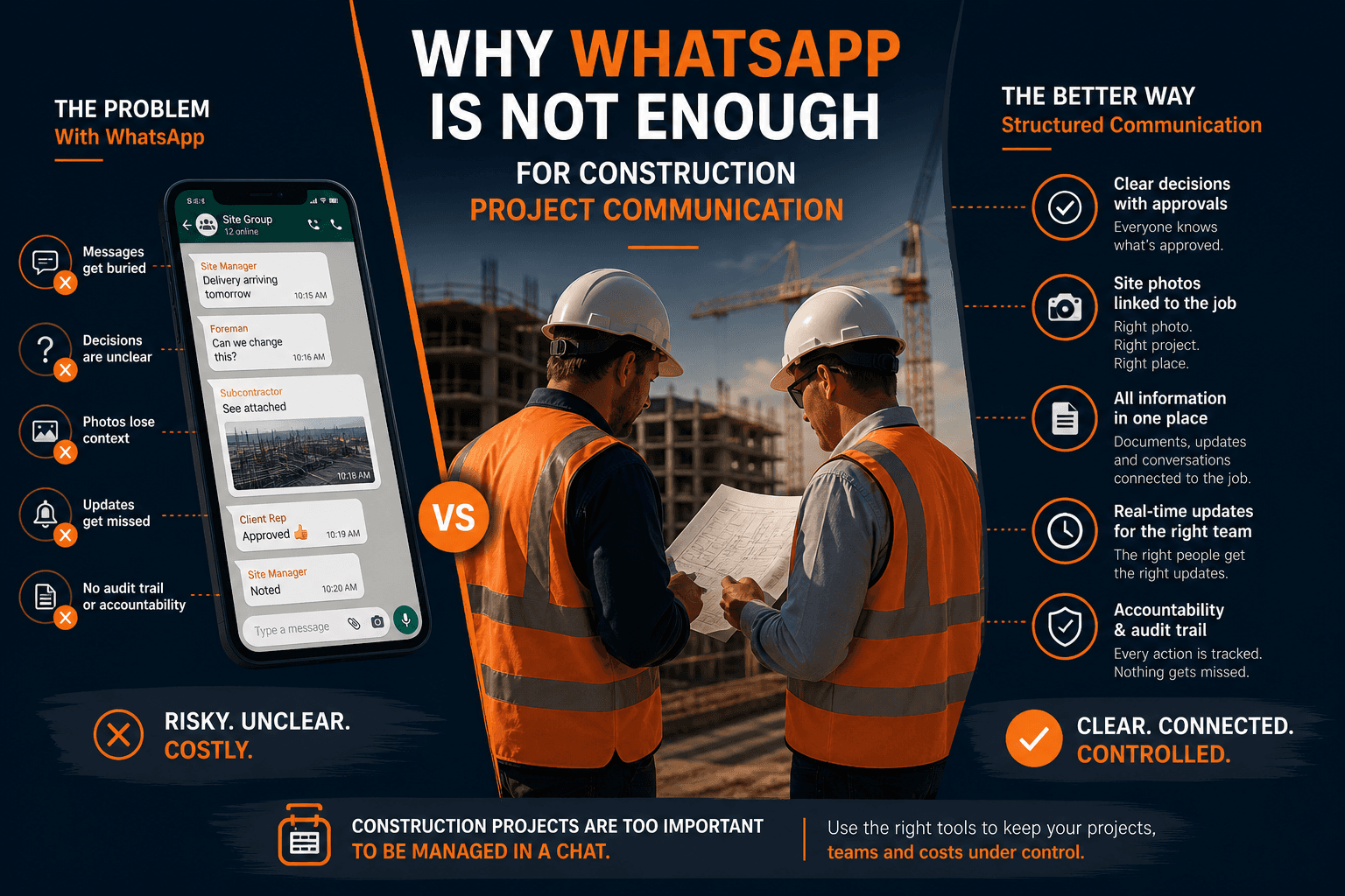 Tradesman checking job messages on his phone on site